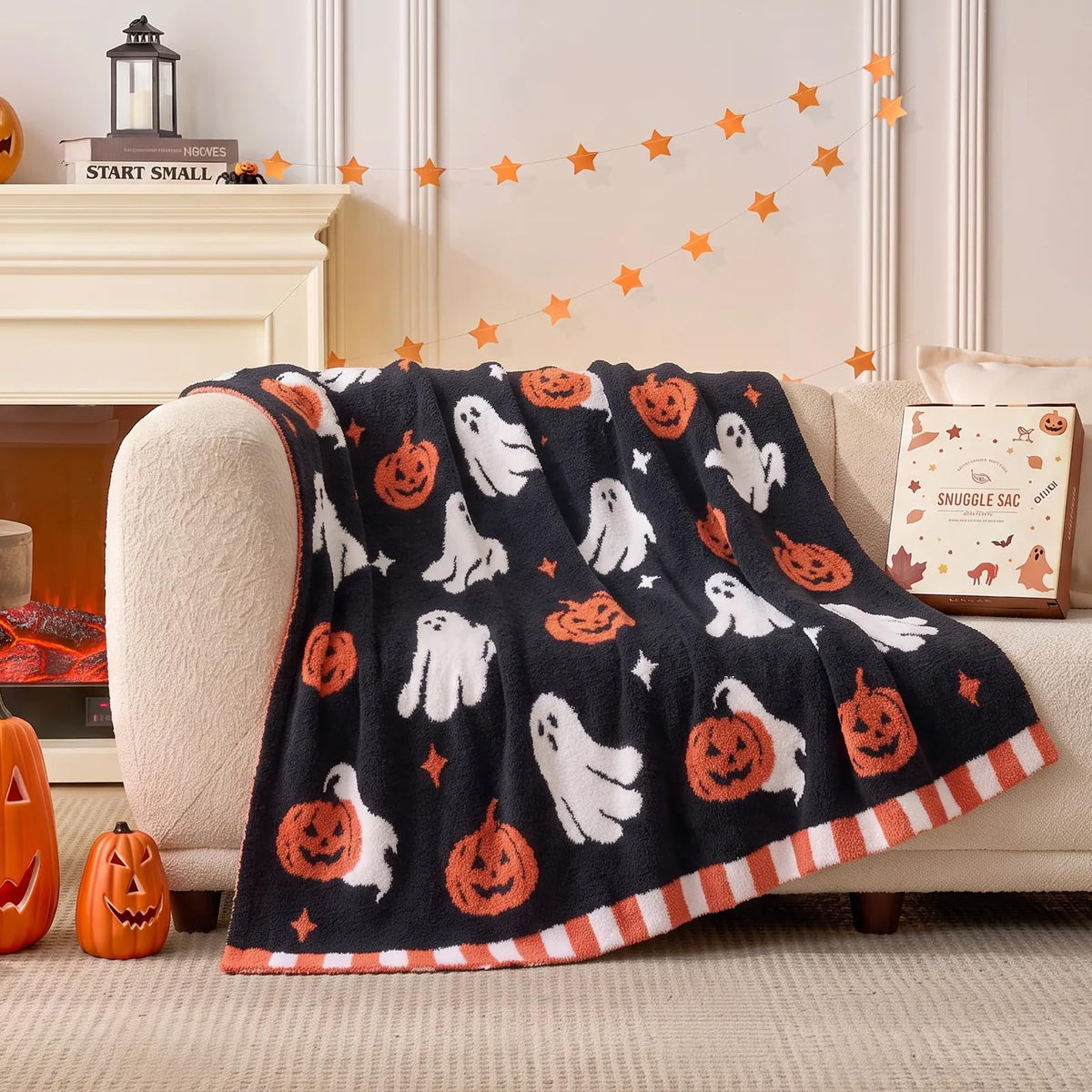 Snuggle Sac Fall Checkered Blanket Orange Pumpkin Maple Leaf Throw Blanket for Couch,Halloween Soft Cozy Luxury Decoration Blanket for Sofa Bed Living Room,50×60 inches