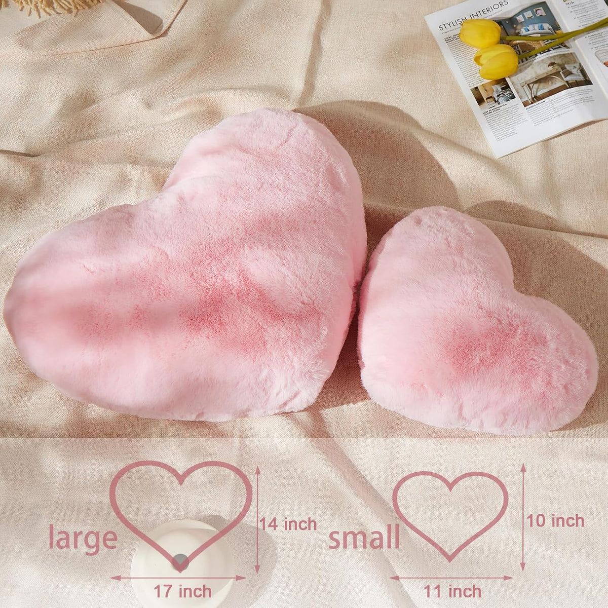 YRXRUS Heart Pillows, Love Heart Shaped Pillow, Small Cute Pink Heart Pillows for Gifts, Faux Rabbit Throw Pillows for Her, Kids, Girls Home Decoration, 10X11 Inch