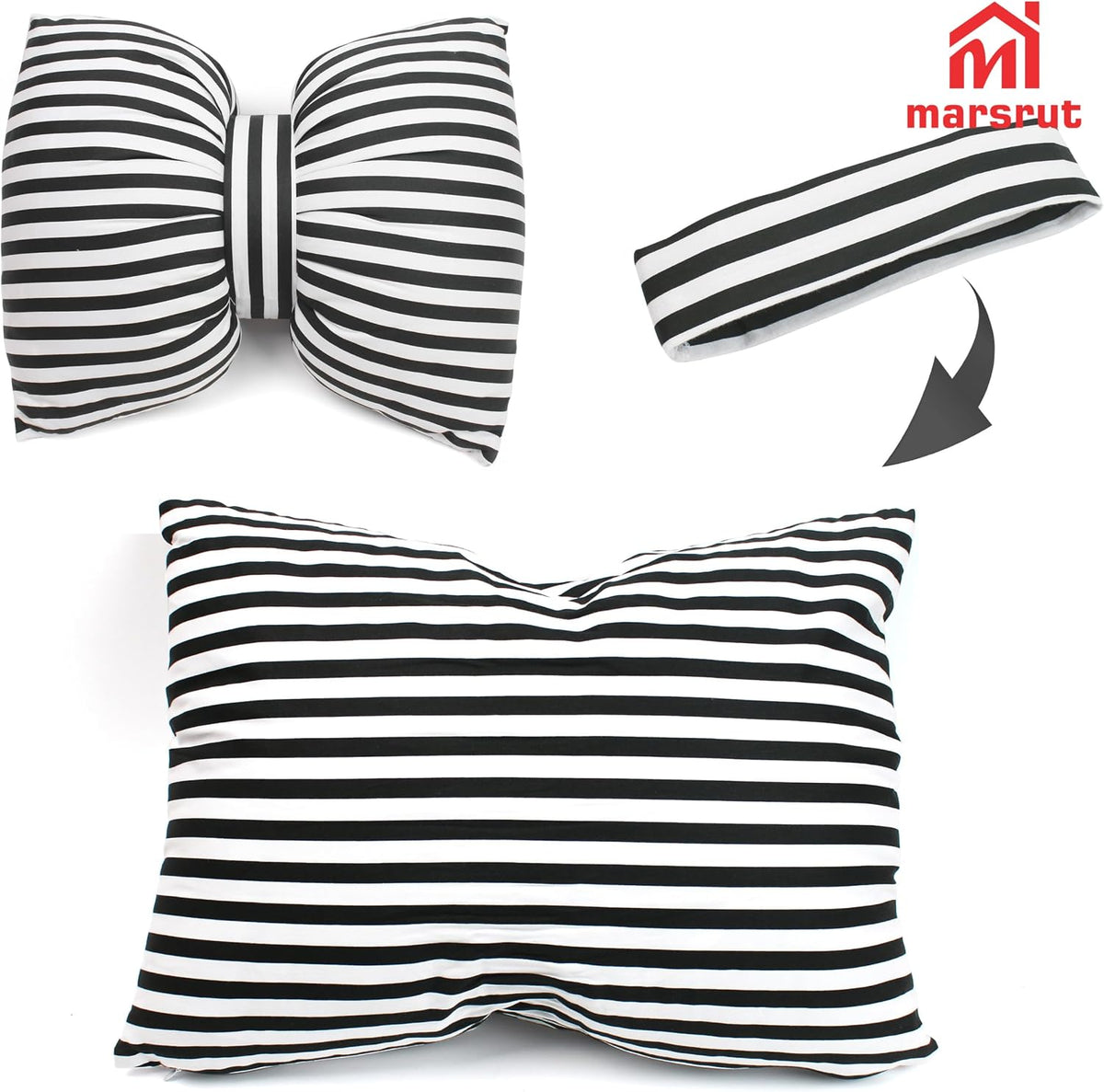 Bow Shaped Pillow, Decorative Sofa Throw Pillows, 17.7" x 13.8", Striped Black and White Reversible Pillow Cushions for Couch Bed Sofa Office Car Decor Neck Waist, Hand Made Cotton, Detachable to Wash