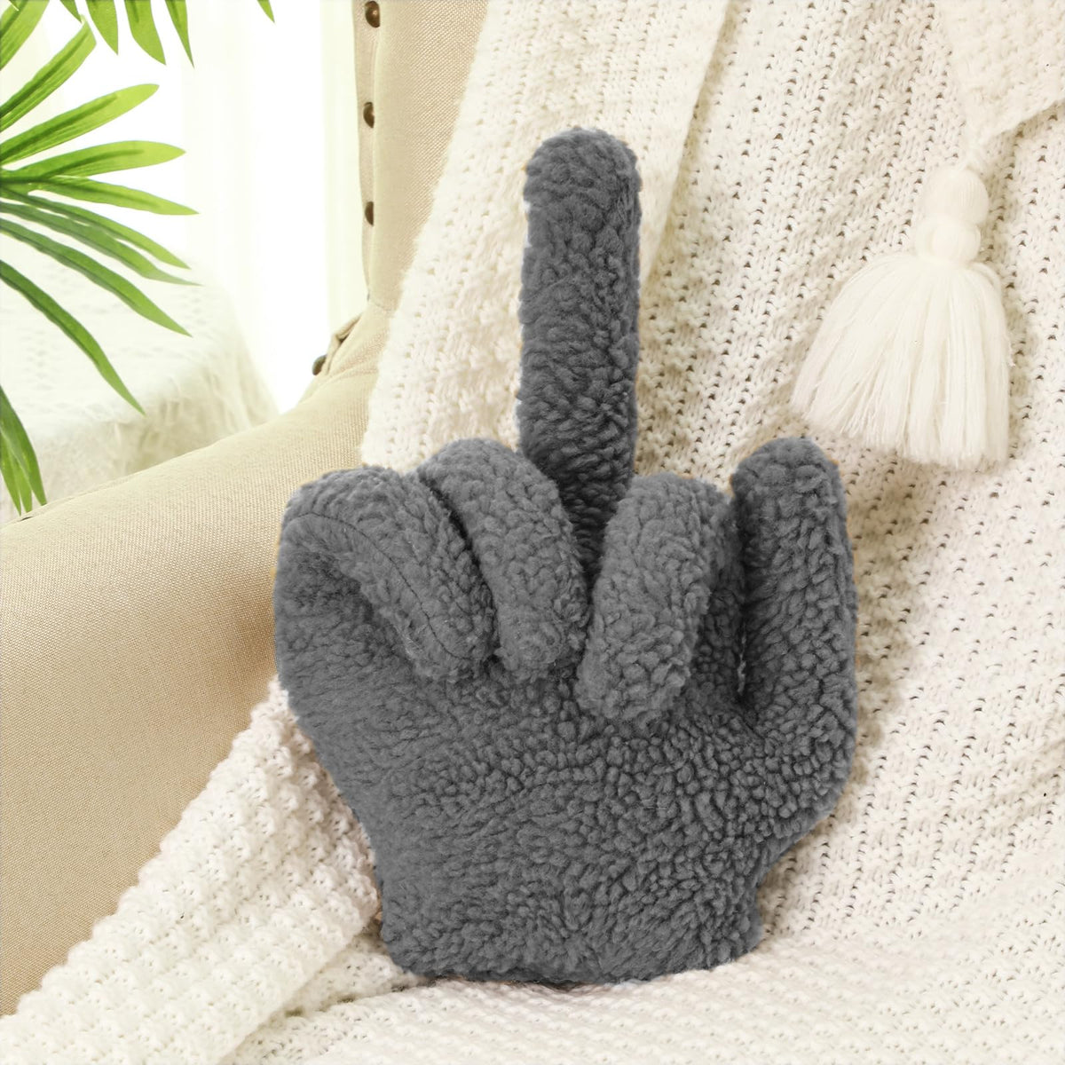 Menkxi Small Middle Finger Decorative Pillow Funny Shaped, Light Brown