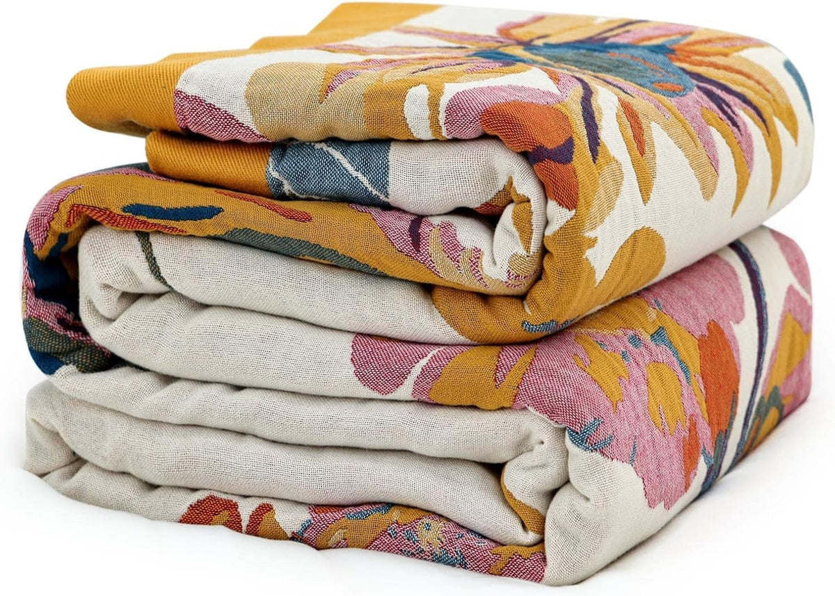 MSGKV Boho Throw Blanket 50"x60" Cotton Throw for Couch Sofa, Floral Quilt