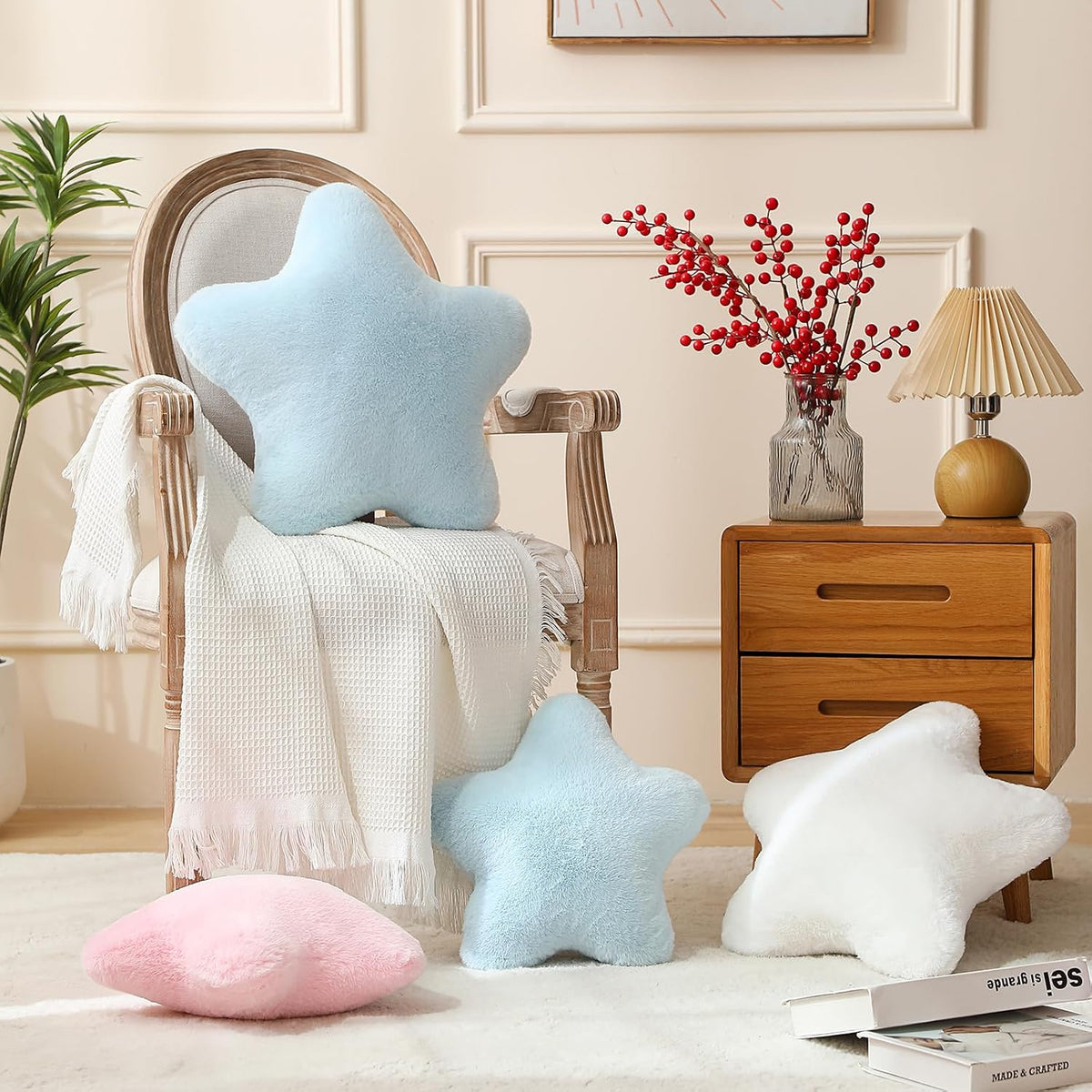 YRXRUS Star Pillows, Light Blue Star Shaped Pillow, Decorative Throw Pillow Gifts, Cute Plush Room Decor, Fluffy Faux Rabbit Fur 14"x14"Pillows for Living Bedroom
