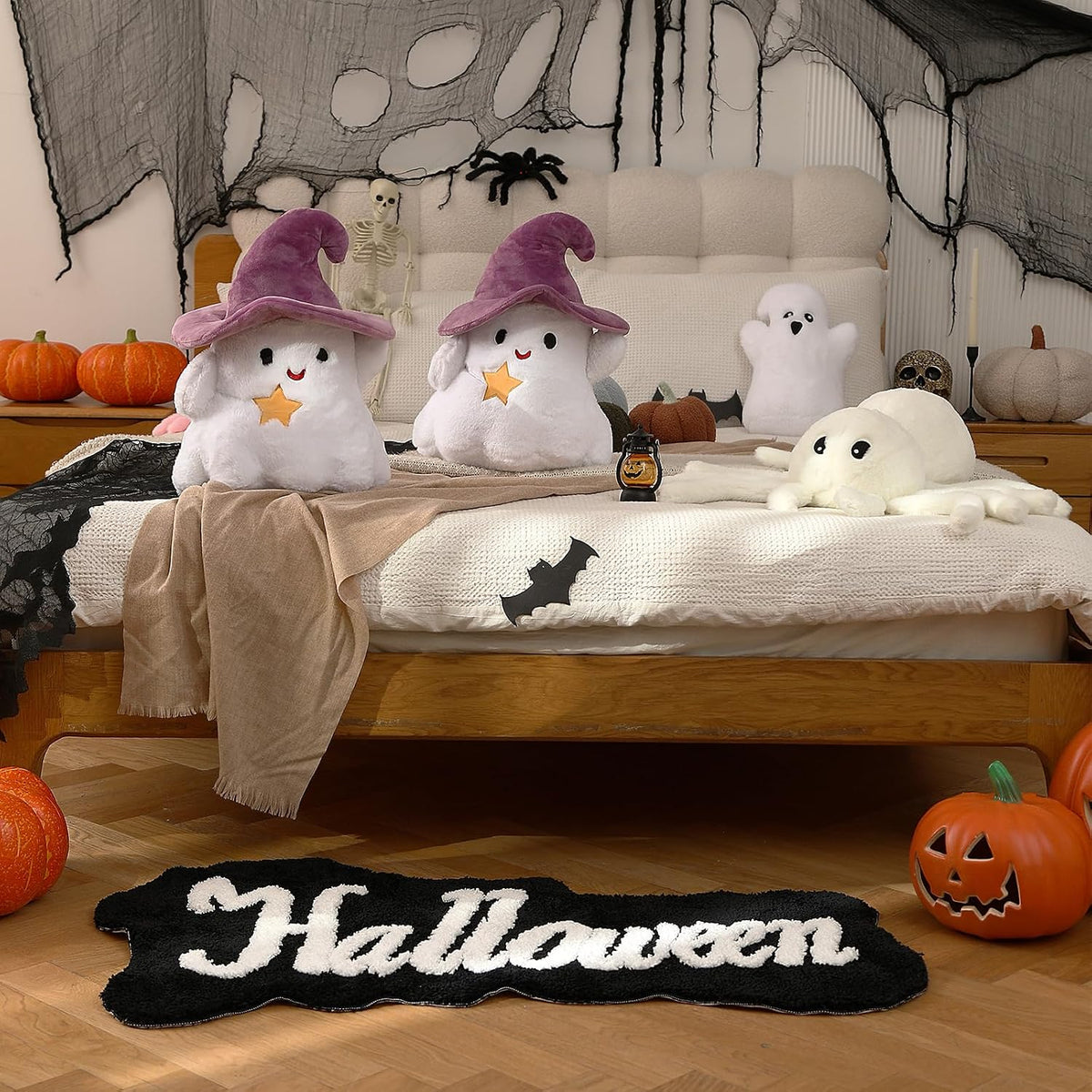YRXRUS Ghost Pillows, Halloween Ghost Shaped Throw Pillows, Boo Purple Witch Hat Pillow Halloween Decor Gifts, 13x17 Inches Soft Faux Rabbit Fur Cushion
