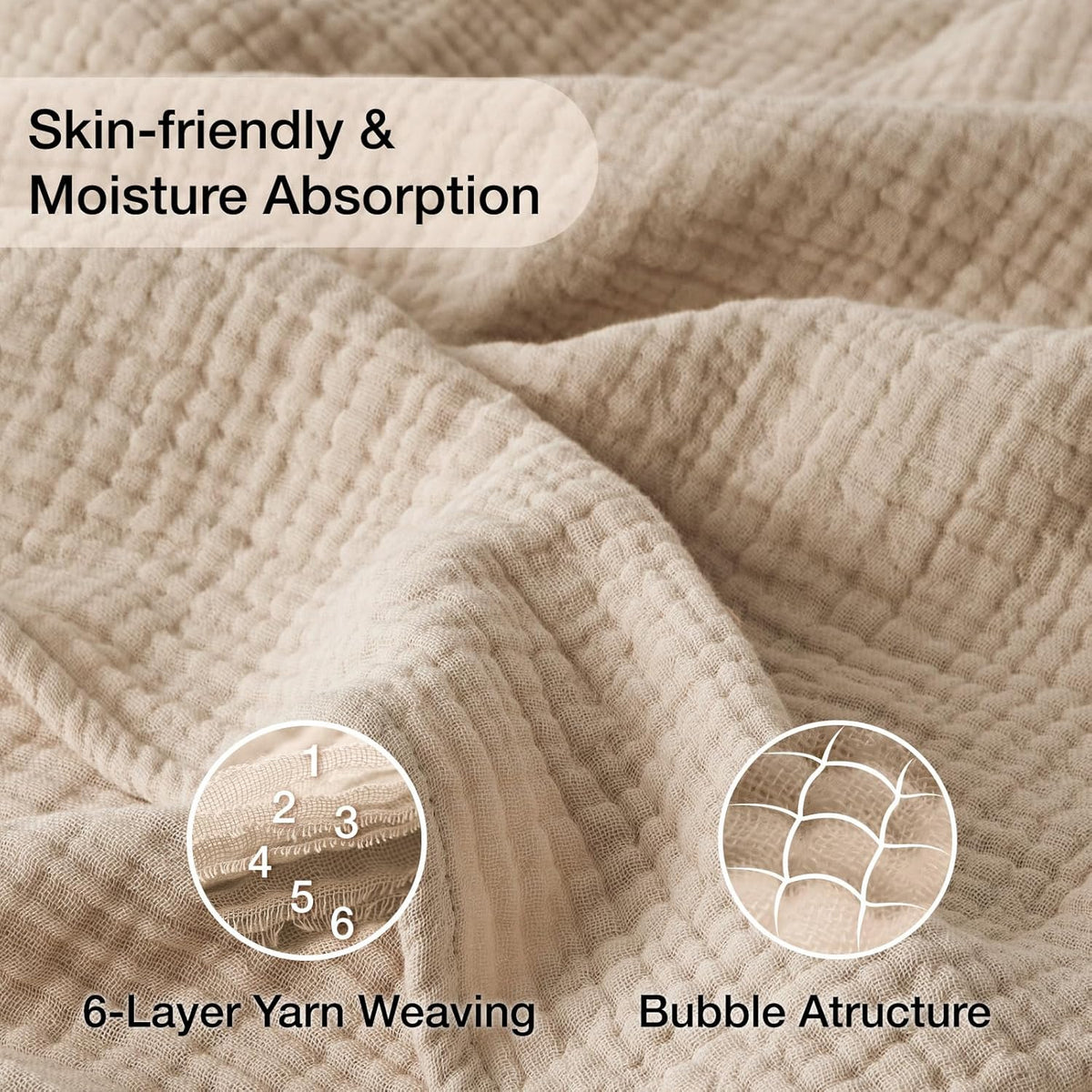100% Cotton Muslin Blanket for Adults, 6-Layer Large Throw, Beige Linen