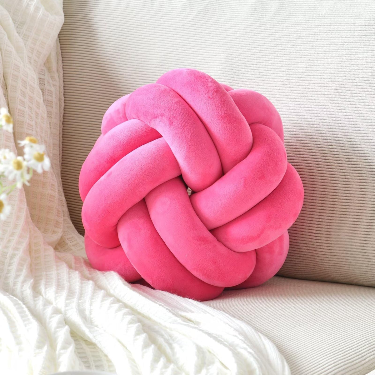 Knot Pillow Ball, Soft Home Decorative Throw Pillows Cushion, Round Changeability Knotted Pillows, Modern Home Handmade Cushions for Bedroom, Sofa, Couch (8 Inch, White)