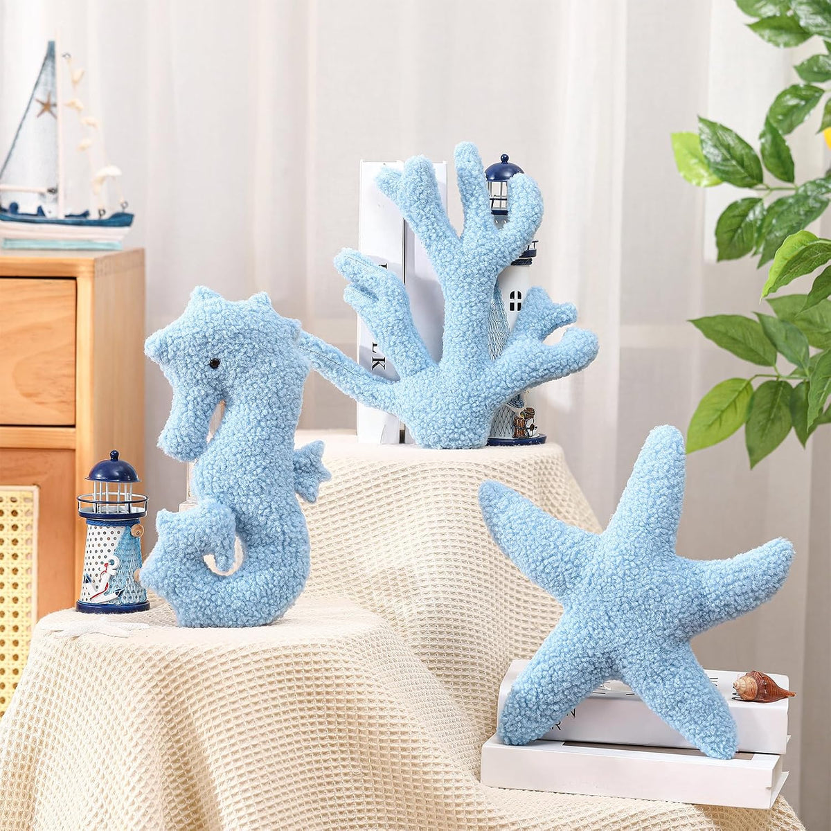 Suzile 3 Pcs Blue Starfish Coral Pillows 11.8 Inch