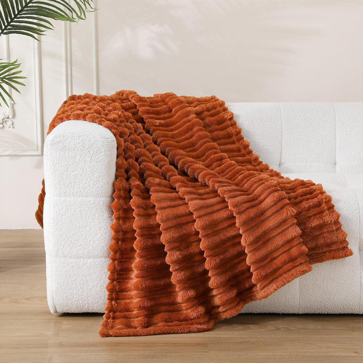 Puncuntex Burnt Orange Soft Throw Blanket 50"×60" for Couch Cozy 3D Striped