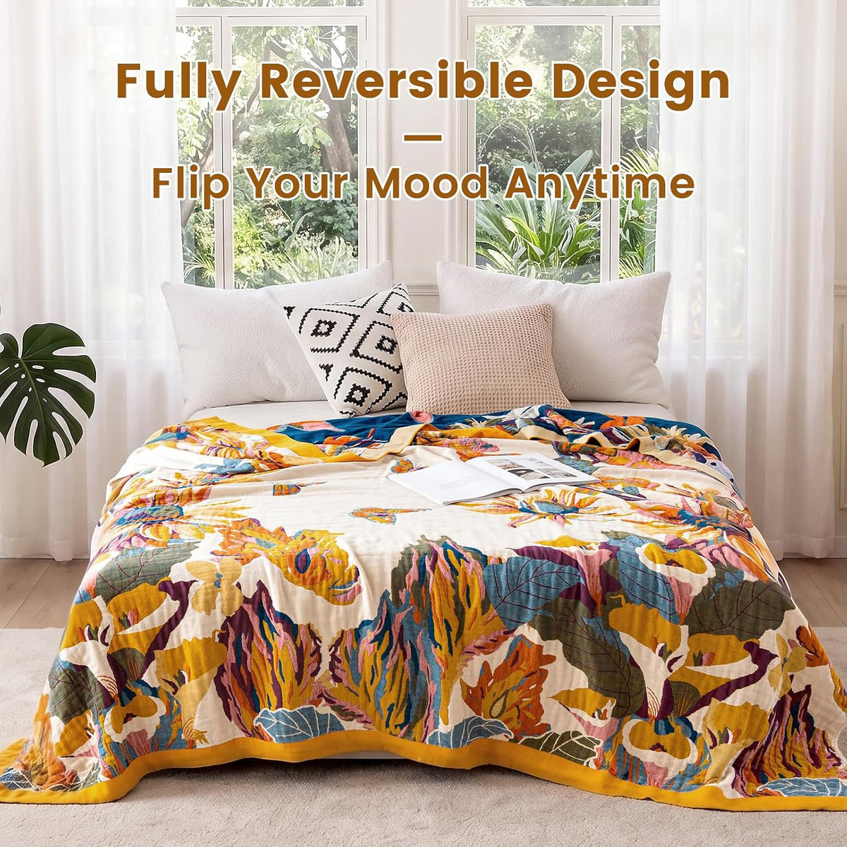MSGKV Boho Throw Blanket 50"x60" Cotton Throw for Couch Sofa, Floral Quilt