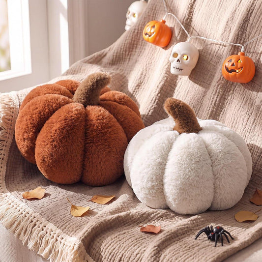 Wonderjune 2 Pcs Plush Pumpkin Pillows,Burnt Orange+Ivory White