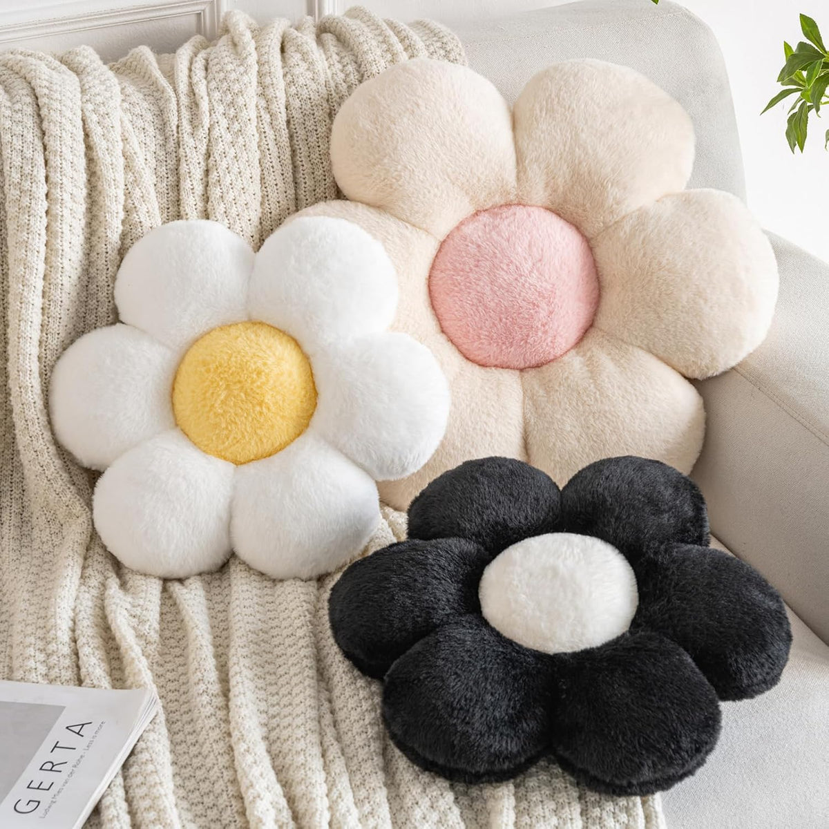 Flower Pillows, Decorative Pillows for Couch, Cute Daisy Pillow for Bed, Flower Shaped Decorative Throw Pillow Room Decor (White, 14.9 Inches)