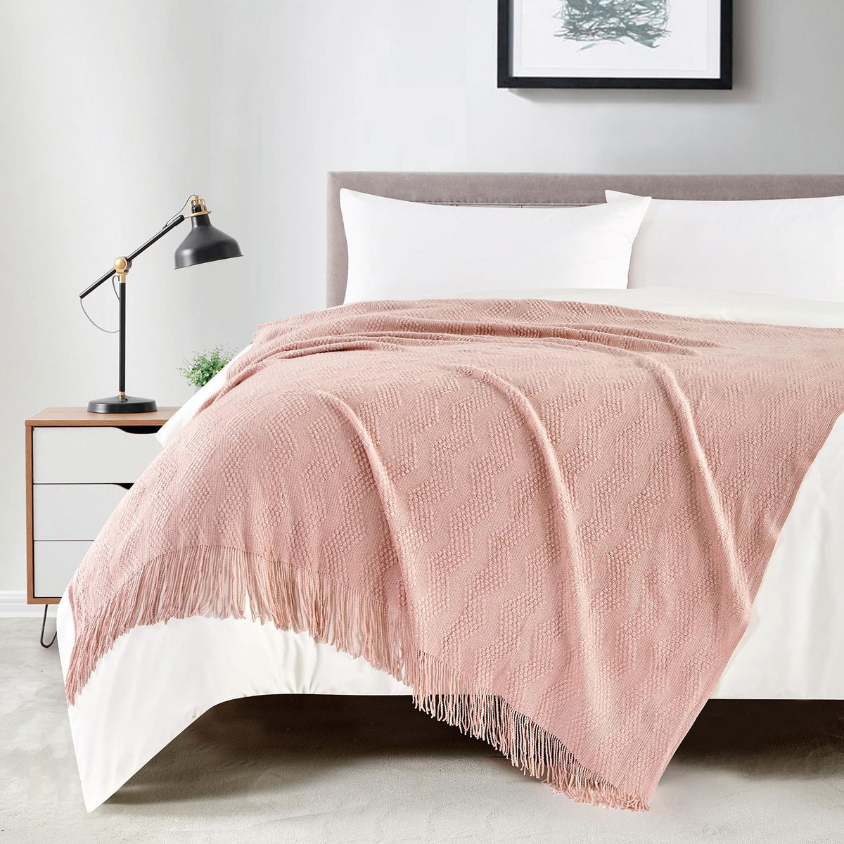 BOURINA Beige Throw Blanket 50x60 Inch Boho Knitted Soft Throw Sofa Blanket
