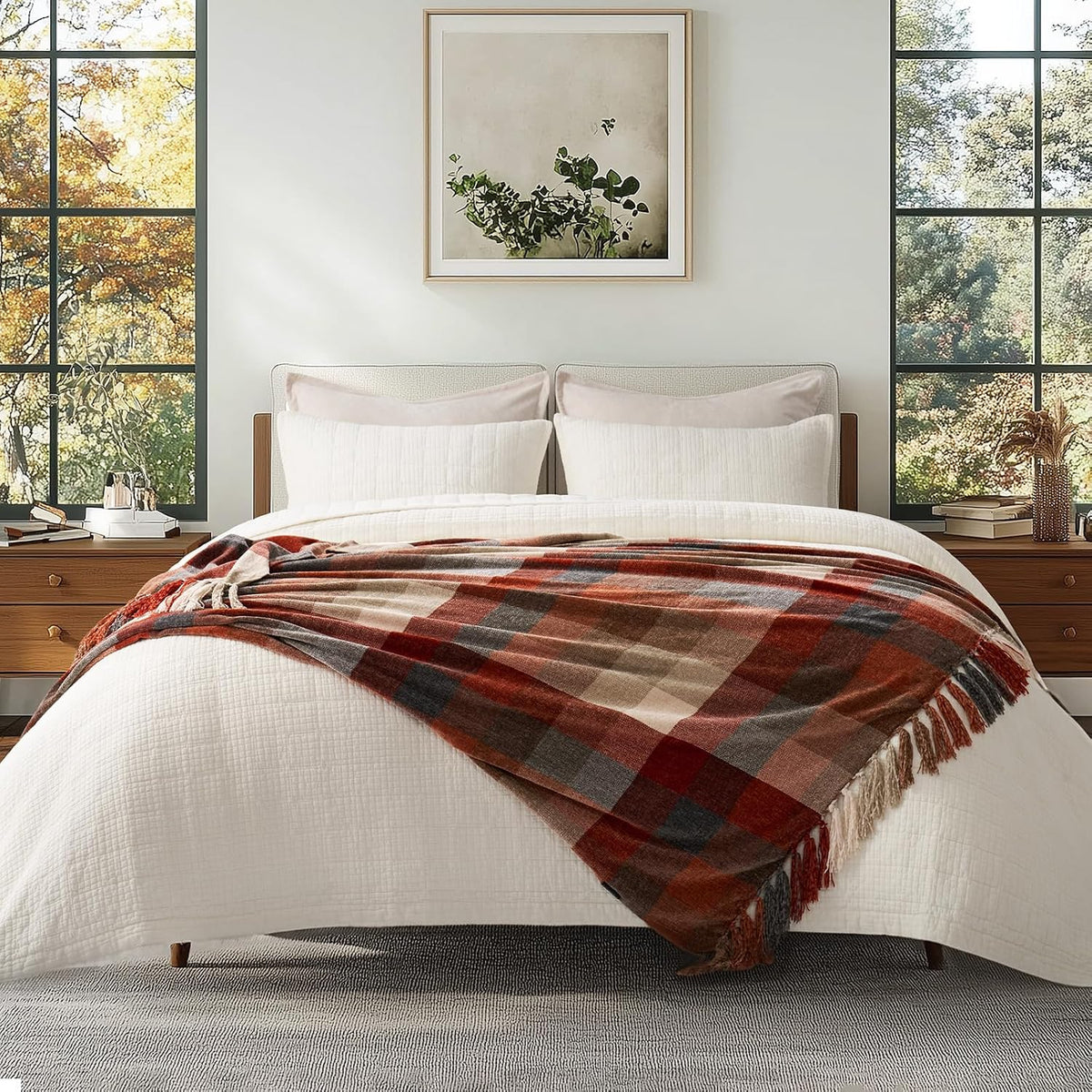 EverGrace Plaid Chenille Fall Throw Blanket, 50"x60", Harvest Orange Plaid
