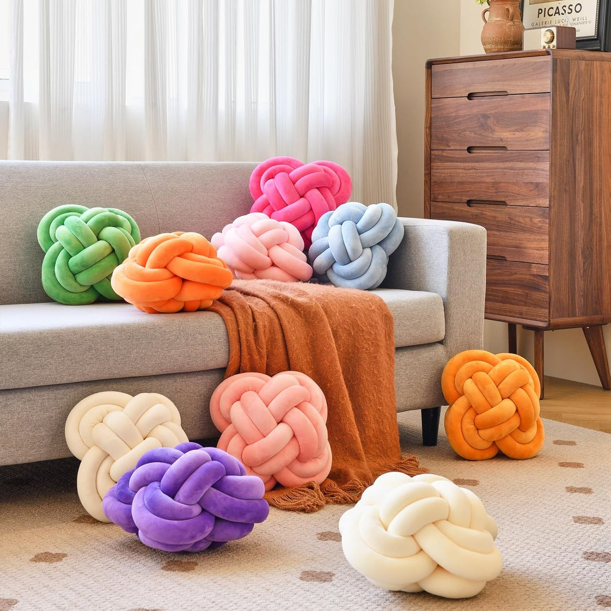 Xuyier Knot Pillow Ball, 12" Decorative Throw Pillows for Couch Bed, Beige