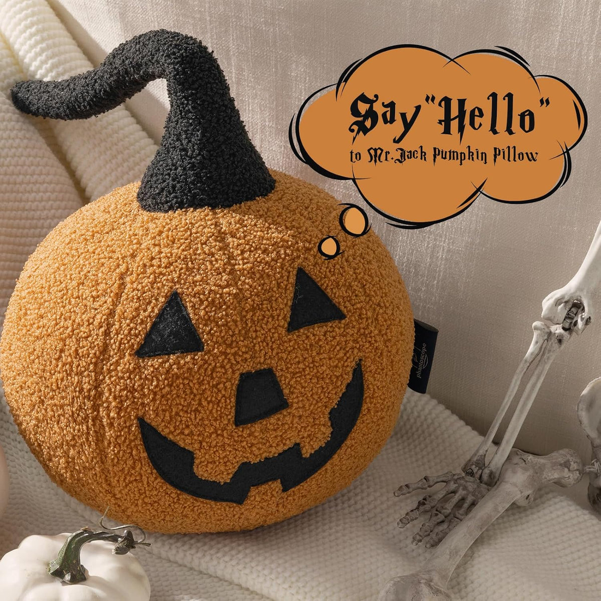 Phantoscope Happy Halloween Pumpkin Shaped Throw Pillow, Teddy Fleece Jack-o’-Lantern Pumpkin Pillow, Ultra Soft Sherpa Fall Decorative Halloween Cushion Pillow, Orange, 9.5 x 9.5 inches