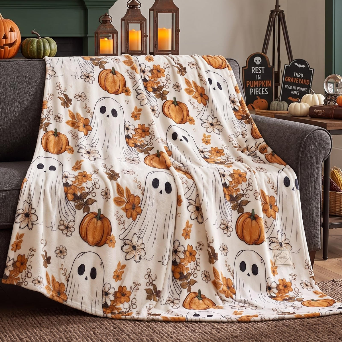 FuWeave Halloween Throw Blanket Cute Ghost Blanket Black and White Striped