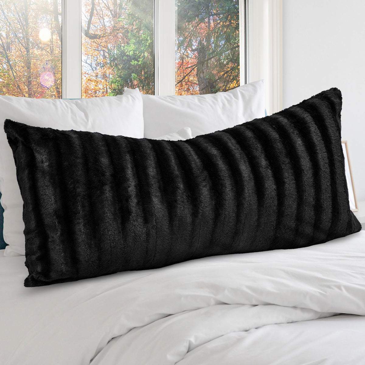 Cheer Collection Faux Fur Long Body Pillow - Accent Throw Pillow for Bed and Couch - Decorative Lumbar Pillow with Insert, Black (18" x 40")