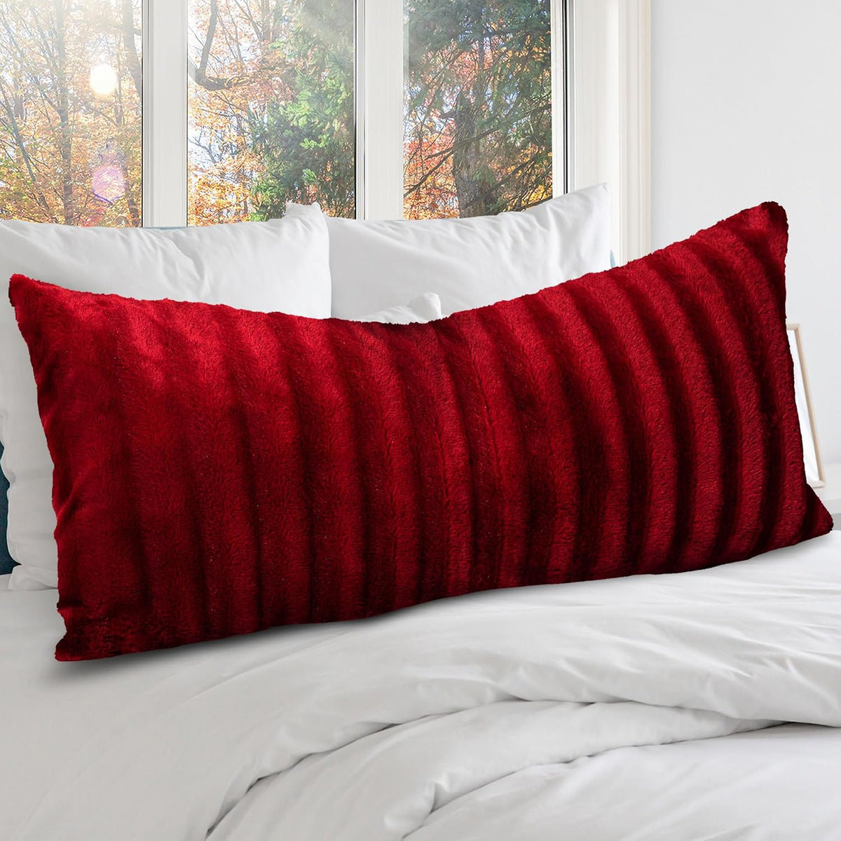 Cheer Collection Faux Fur Long Body Pillow - Accent Throw Pillow for Bed and Couch - Decorative Lumbar Pillow with Insert, Black (18" x 40")