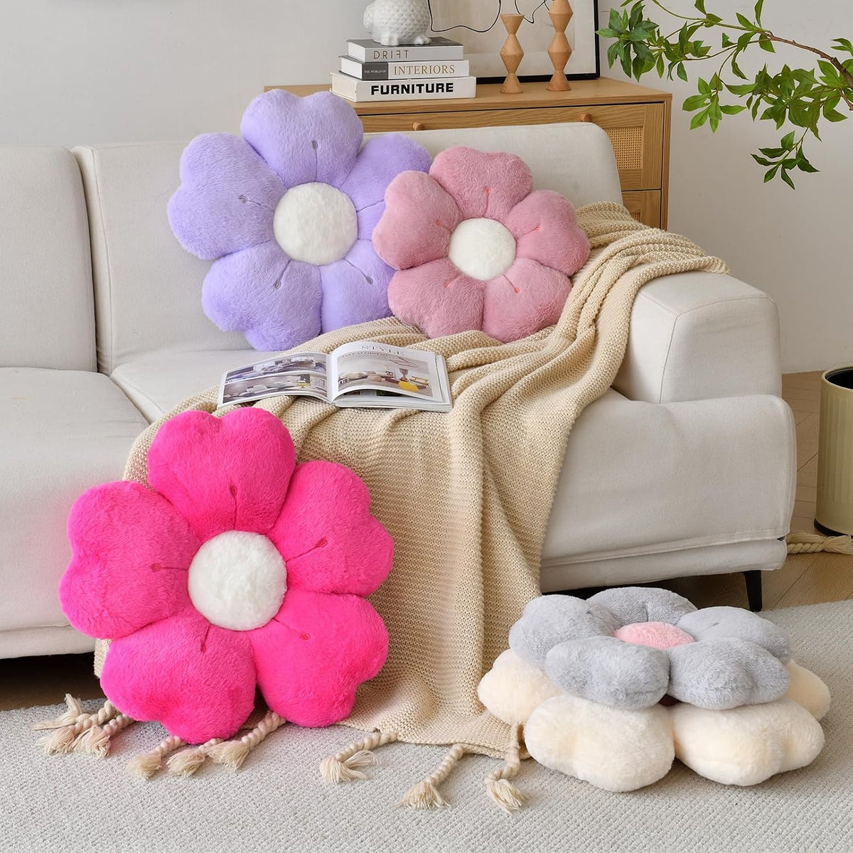 Flower Shaped Pillow, Cute Decorative Throw Pillow with Soft Artificial Rabbit Fur for Couch Bed Chair Floor, Flower Pillows Seating Cushions with Room Décor for Bedroom Living Room (14.9" Lavender)