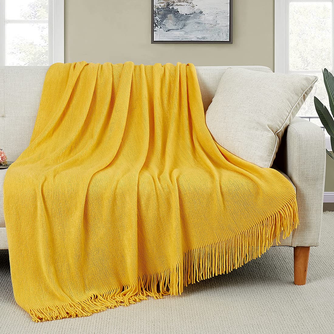 Homiest Pale Blue Knitted Throw Blanket with Fringe, 50x60 Inch