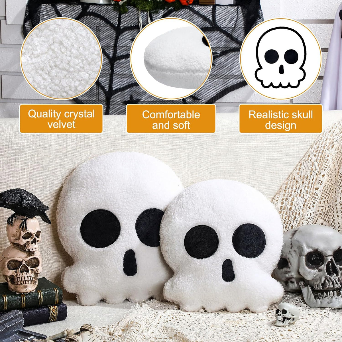 Wonderjune 2 Pcs Halloween Skull Skeleton Pillows, Black and White Gothic