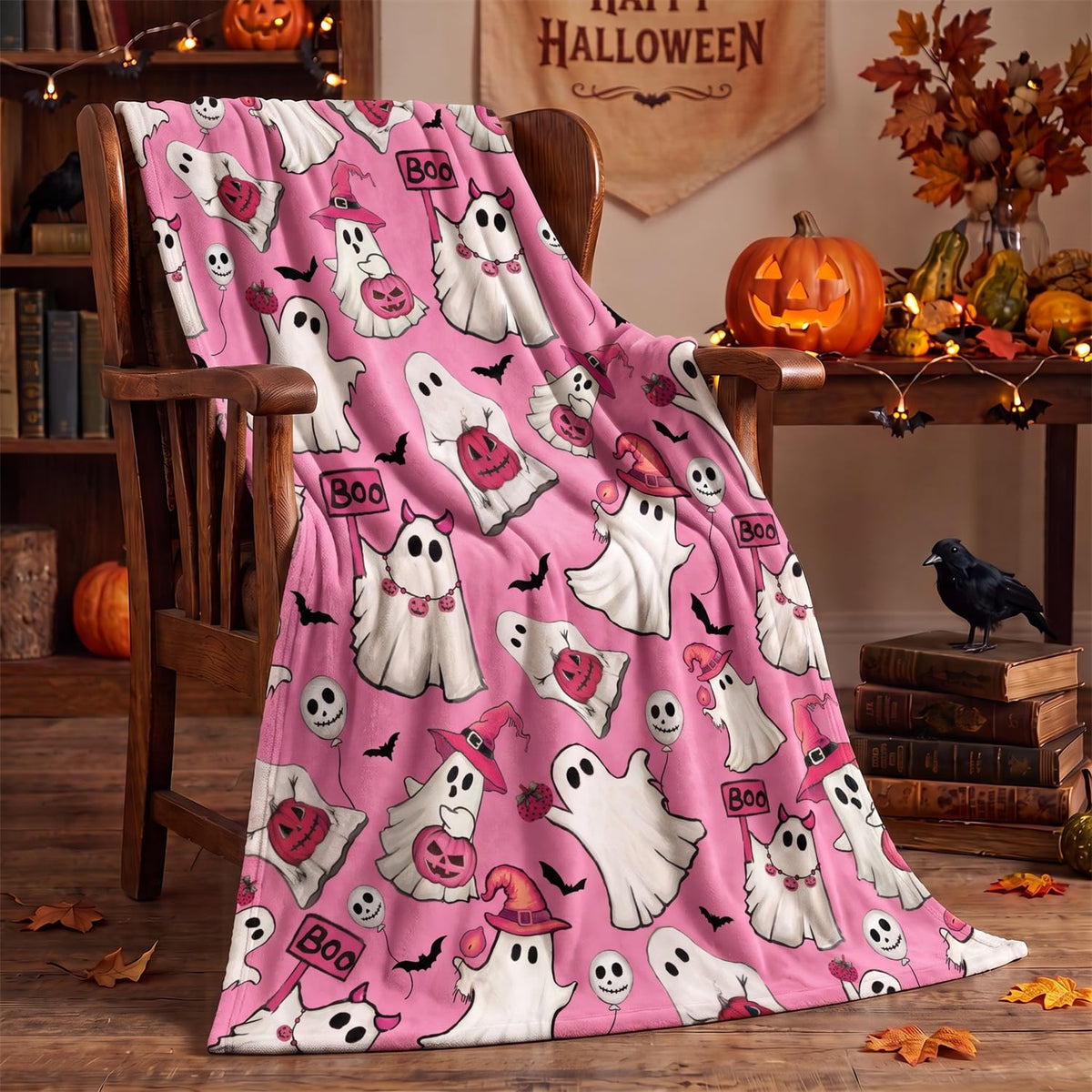 Horaldaily Halloween Black Ghost Pumpkin Skulls Flannel Throw Blanket 50x60