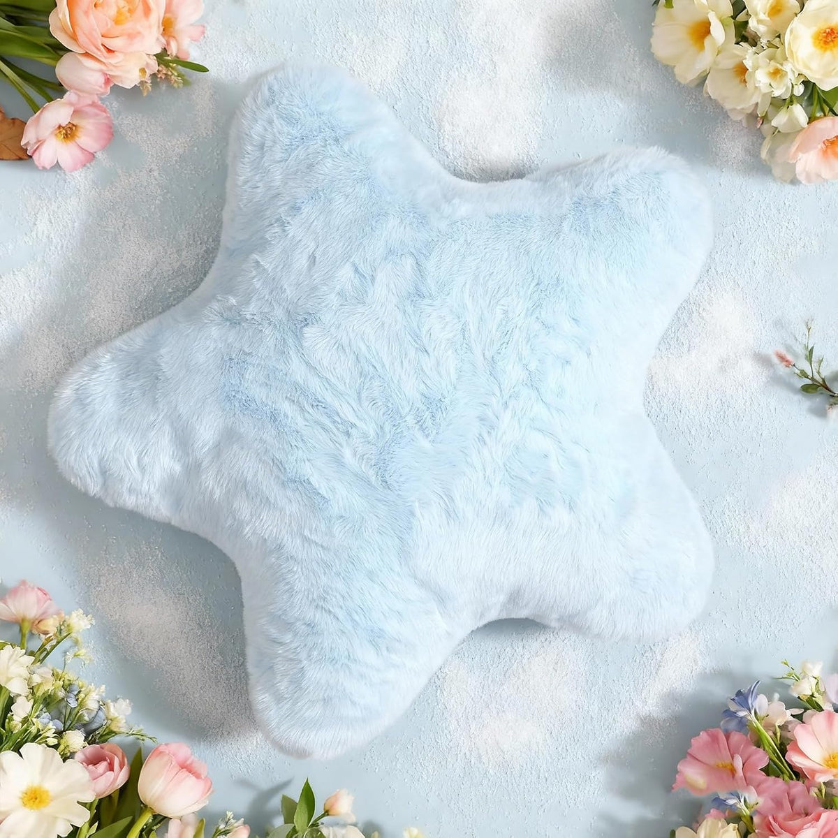 YRXRUS Star Pillows, Light Blue Star Shaped Pillow, Decorative Throw Pillow Gifts, Cute Plush Room Decor, Fluffy Faux Rabbit Fur 14"x14"Pillows for Living Bedroom