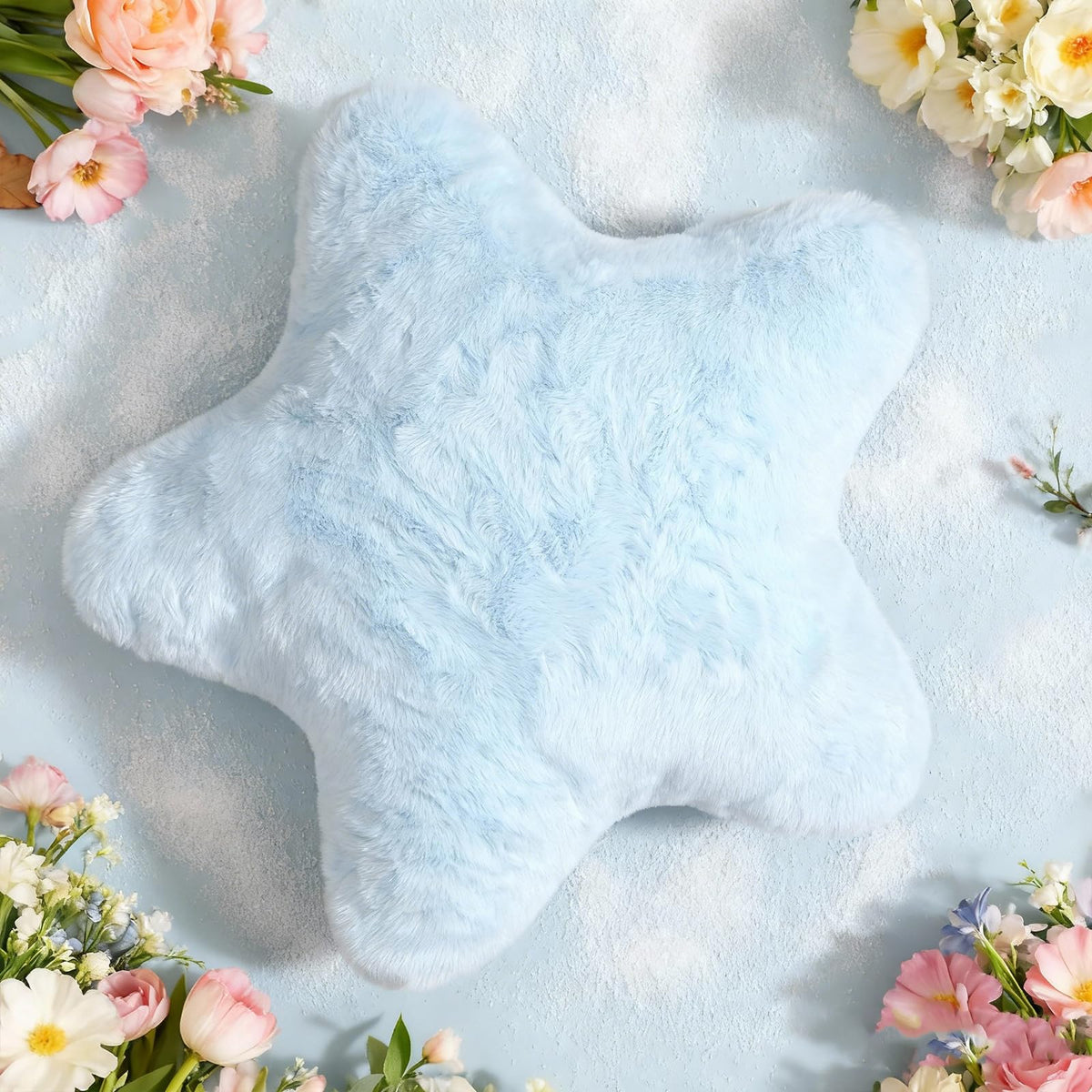 YRXRUS Star Pillows, Light Blue Star Shaped Pillow, Decorative Throw Pillow Gifts, Cute Plush Room Decor, Fluffy Faux Rabbit Fur 14"x14"Pillows for Living Bedroom