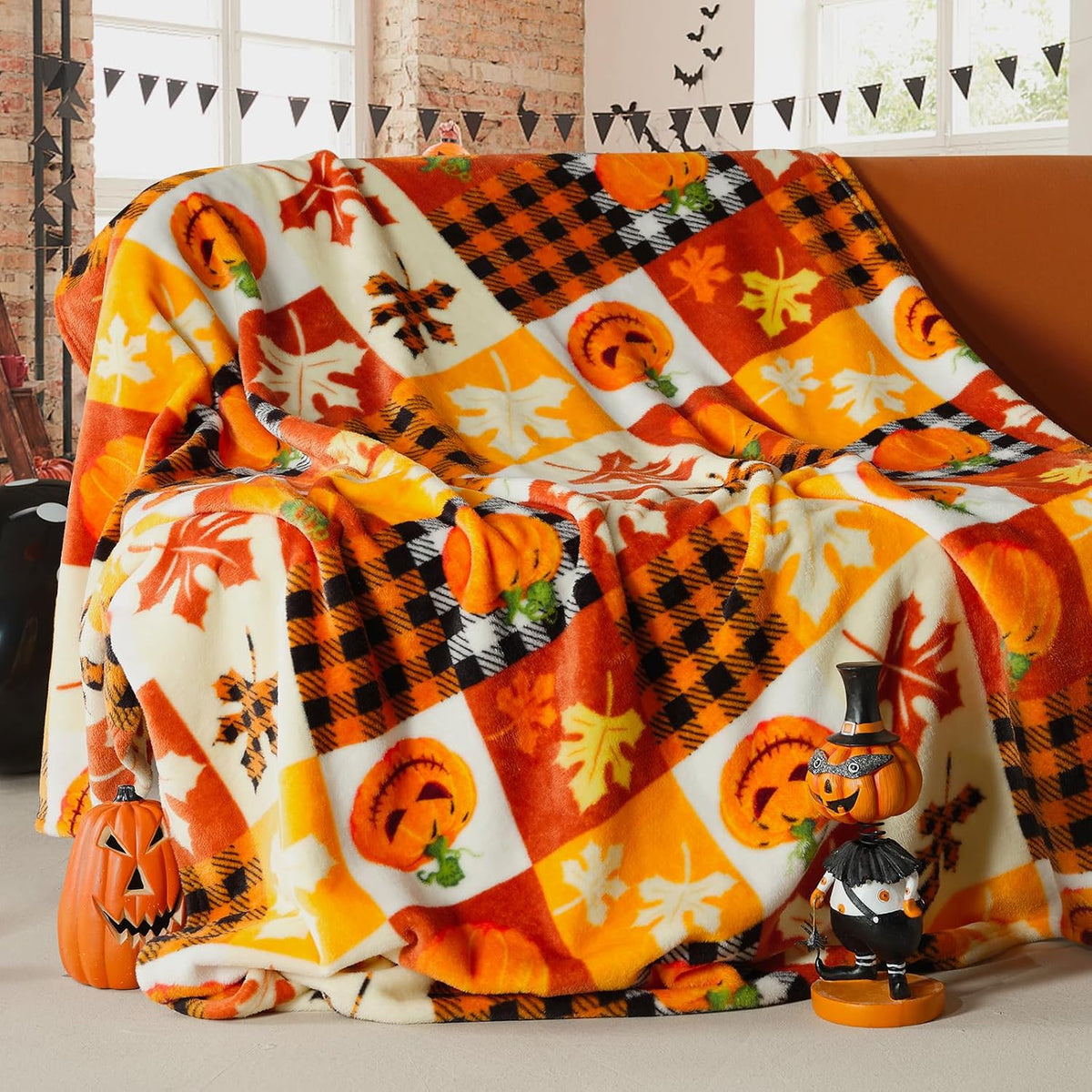 ROMROL Halloween Fleece Throw Blanket Pumpkin Fall Plaid Blanket 50x60