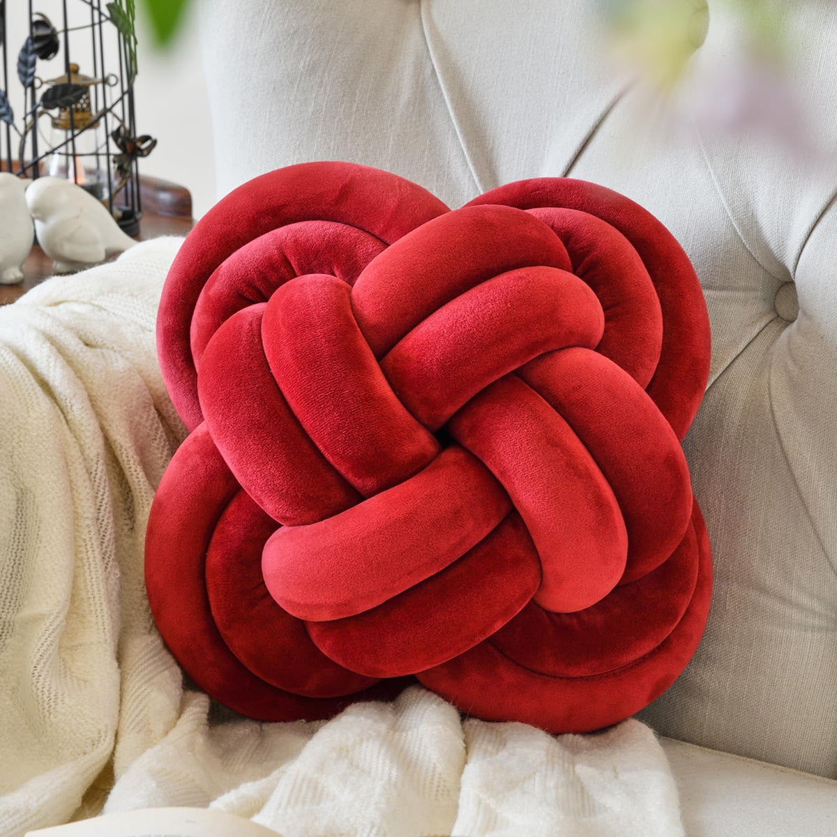 Xuyier Knot Pillow Ball, 12" Decorative Throw Pillows for Couch Bed, Beige