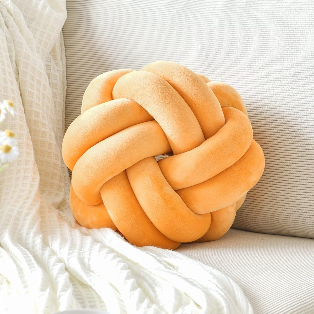 Knot Pillow Ball, Soft Home Decorative Throw Pillows Cushion, Round Changeability Knotted Pillows, Modern Home Handmade Cushions for Bedroom, Sofa, Couch (8 Inch, White)