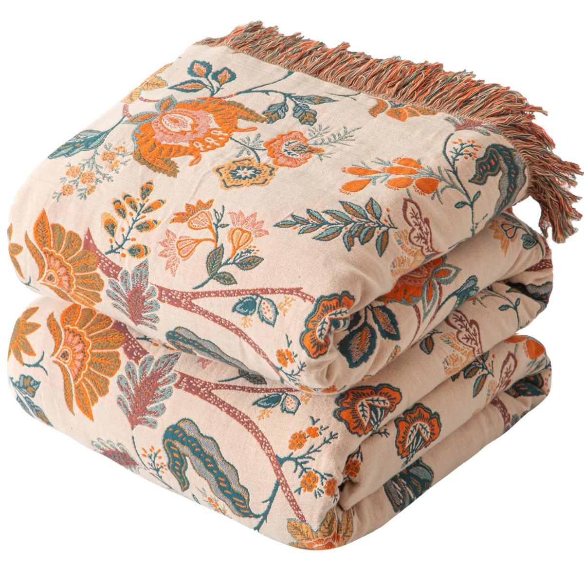 Bailix Boho Throw Blanket, 100% Cotton, Woven Floral Pattern, 60"x80"