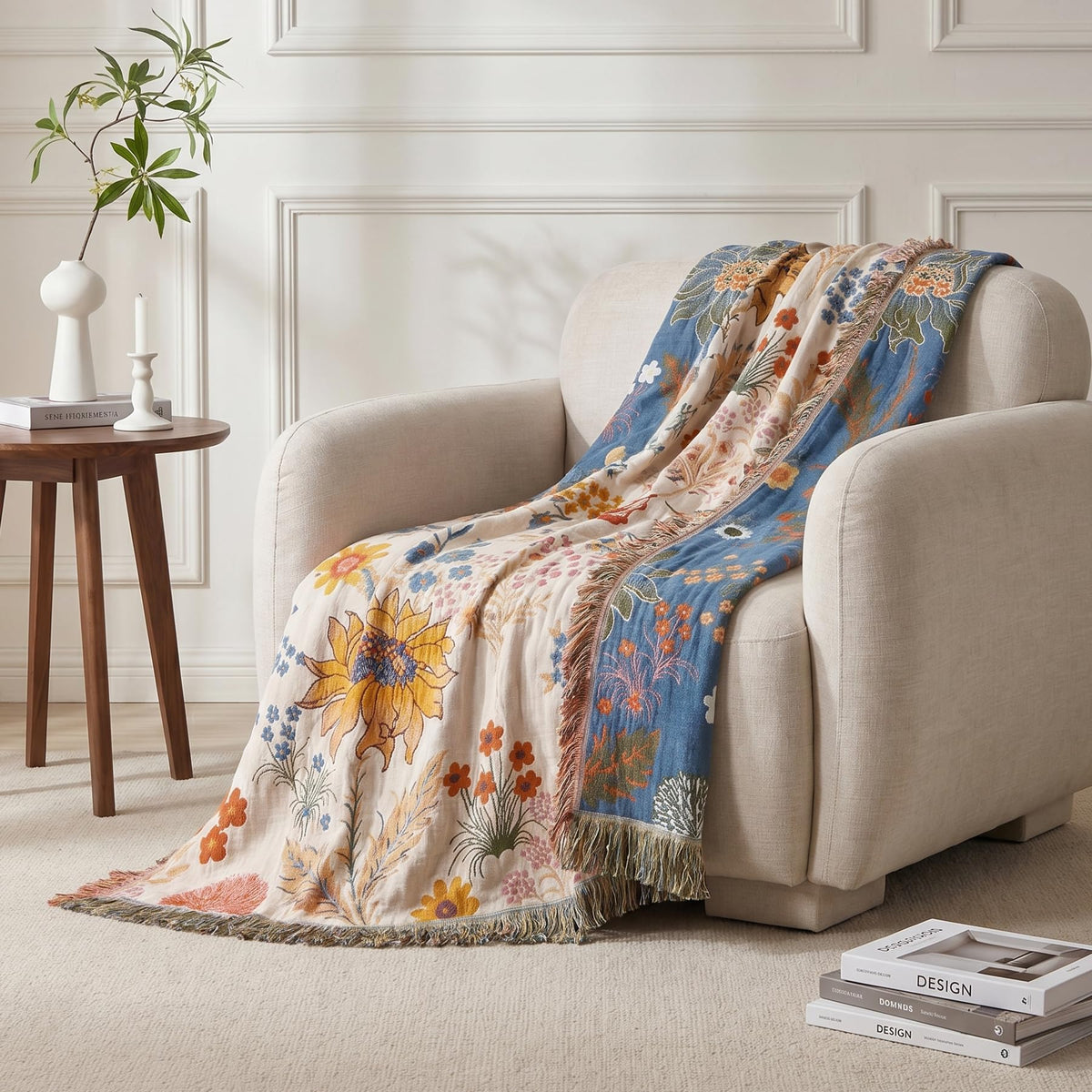 Bailix Boho Throw Blanket, 100% Cotton, Woven Floral Pattern, 60"x80"