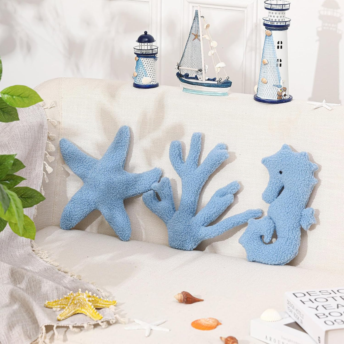 Suzile 3 Pcs Blue Starfish Coral Pillows 11.8 Inch