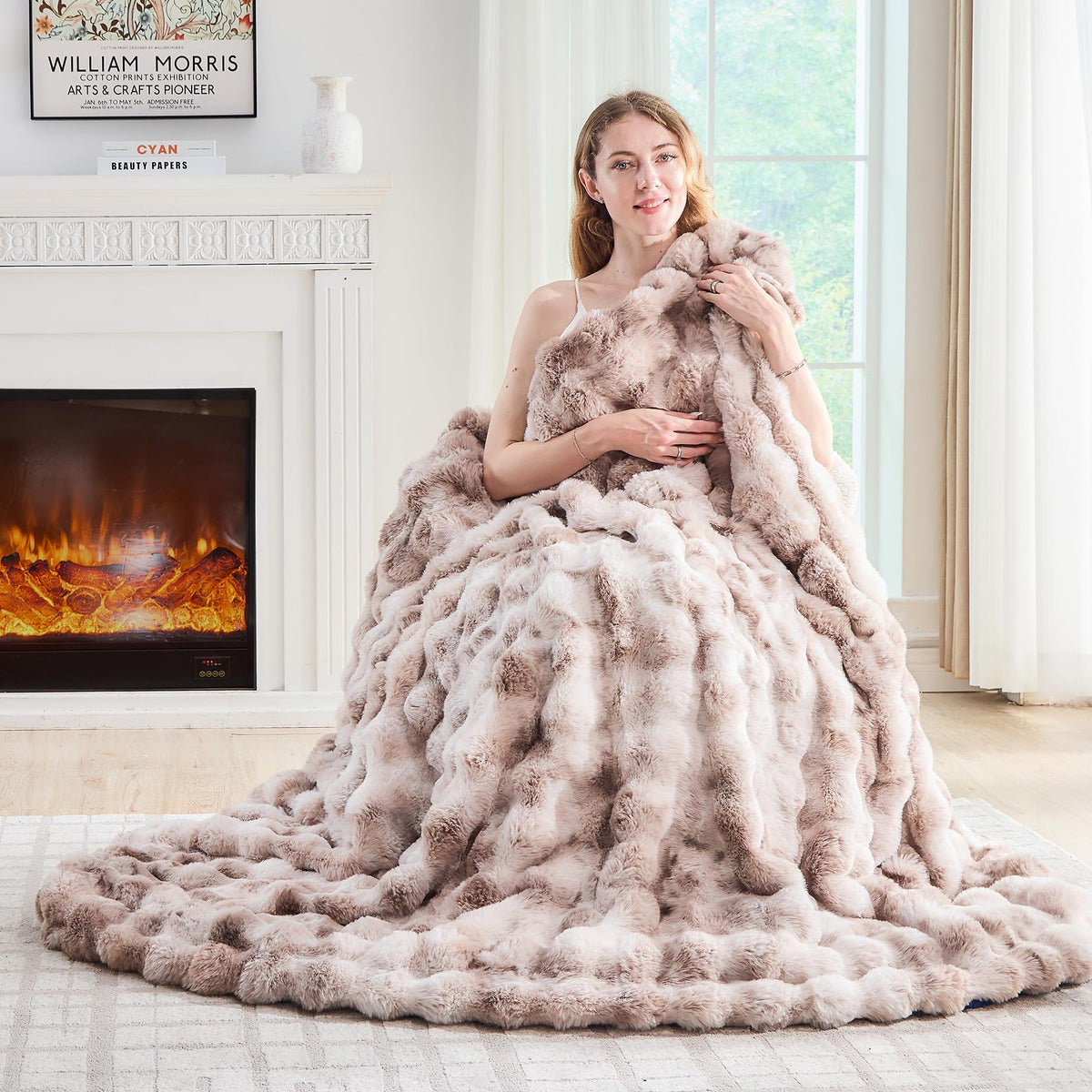 Lotus Karen Faux Fur Throw Blanket Cream White - Big Bubble Rabbit Fluff Blanket for Couch, Small Fluffy Fuzzy Cozy Blanket, Thick Furry Plush Shaggy Blankets, 50x60 Inches