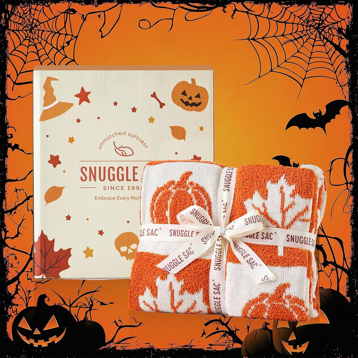 Snuggle Sac Fall Checkered Blanket Orange Pumpkin Maple Leaf Throw Blanket for Couch,Halloween Soft Cozy Luxury Decoration Blanket for Sofa Bed Living Room,50×60 inches