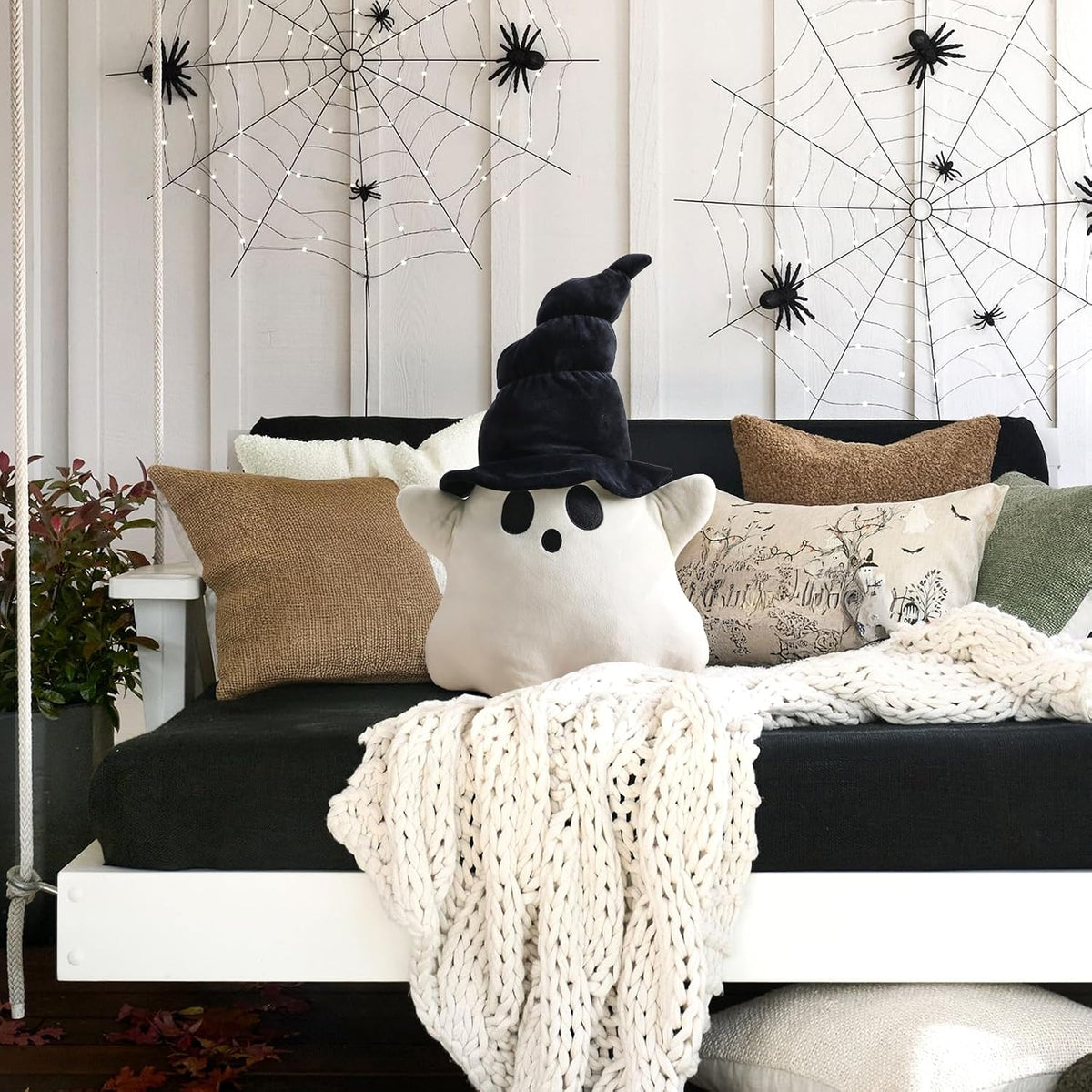 Bunny Chorus Halloween Decor Throw Pillows: Cute Plush White Ghost Pillow with Black Hat, Soft Stuffed Fun Ghost Cushion Halloween Decorations Indoor for Kids Home Sofa Bed Office Couch Living Room