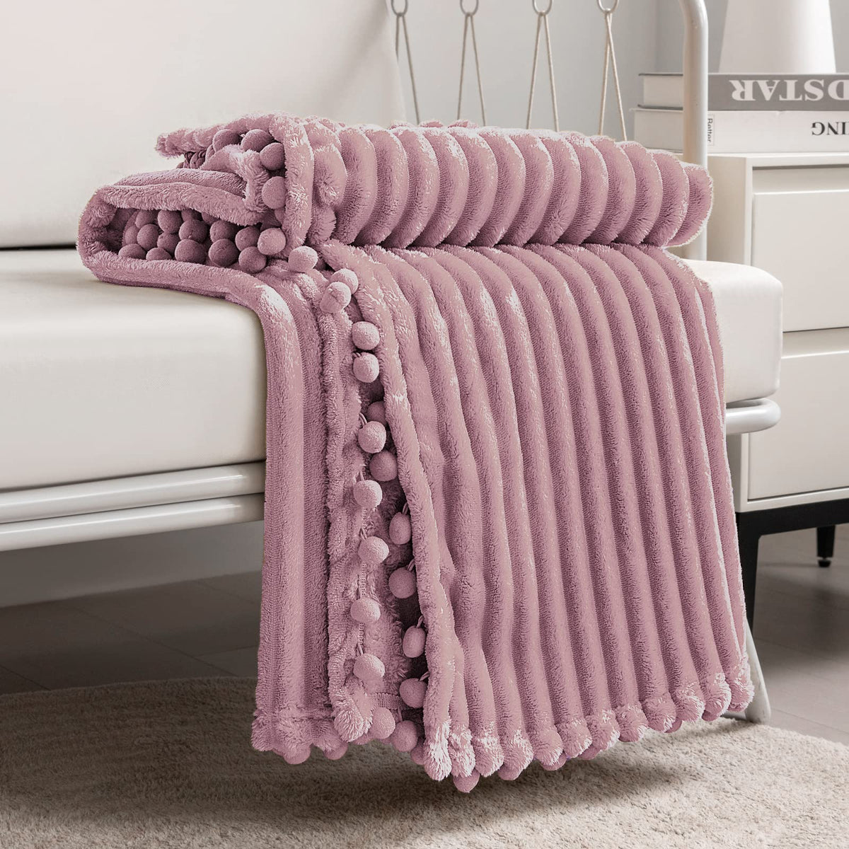 DISSA Fleece Blanket Throw Size – 51x63, Yellow Soft, Plush, Fluffy, Fuzzy, Warm, Cozy Perfect for Couch, Bed, Sofa - with Pompom Fringe Flannel