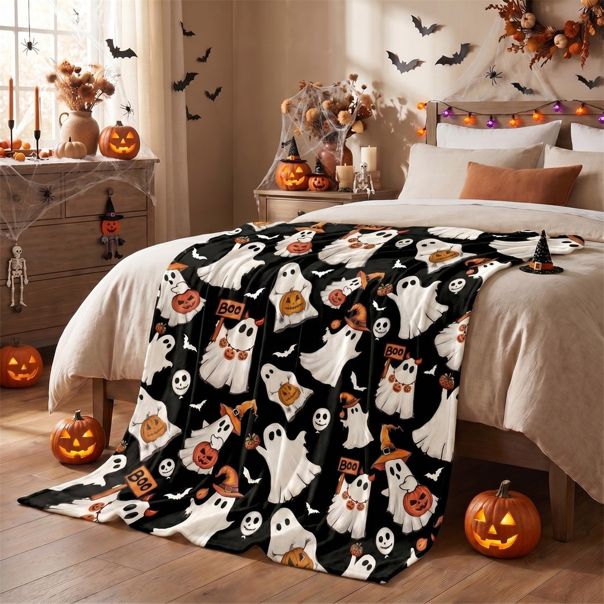 Horaldaily Halloween Black Ghost Pumpkin Skulls Flannel Throw Blanket 50x60