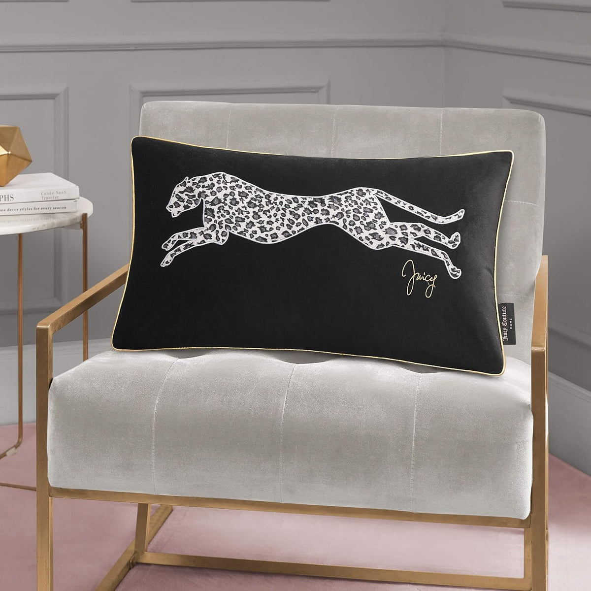 Juicy Couture Reversible Velvet Cheetah Pillow, 14" x 24" Decorative Pillow, Black