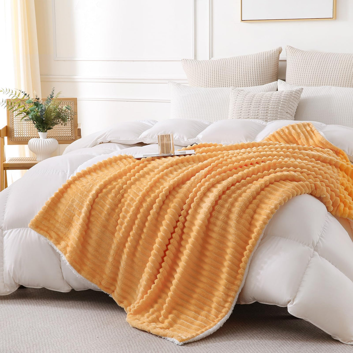 Burnt Orange Sherpa Fleece Throw Blanket 50”×60”Double-sided for Couch