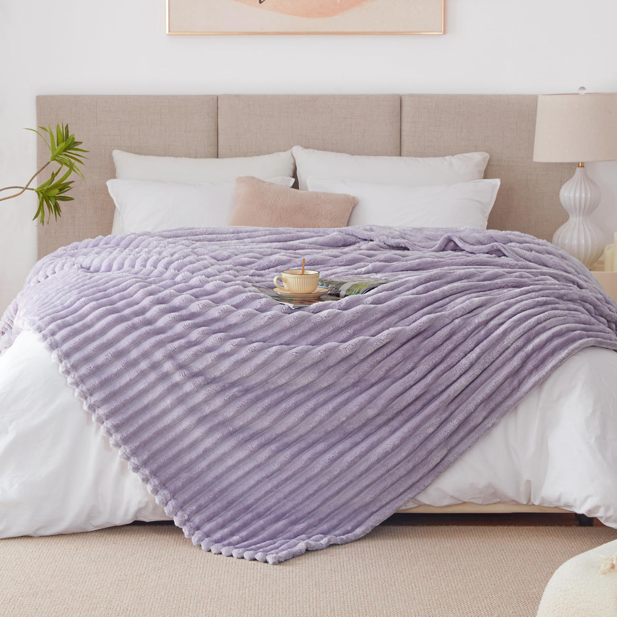 EXQ Home Stripe Jacquard Throw Blanket Light Purple for Couch Gentle Soft