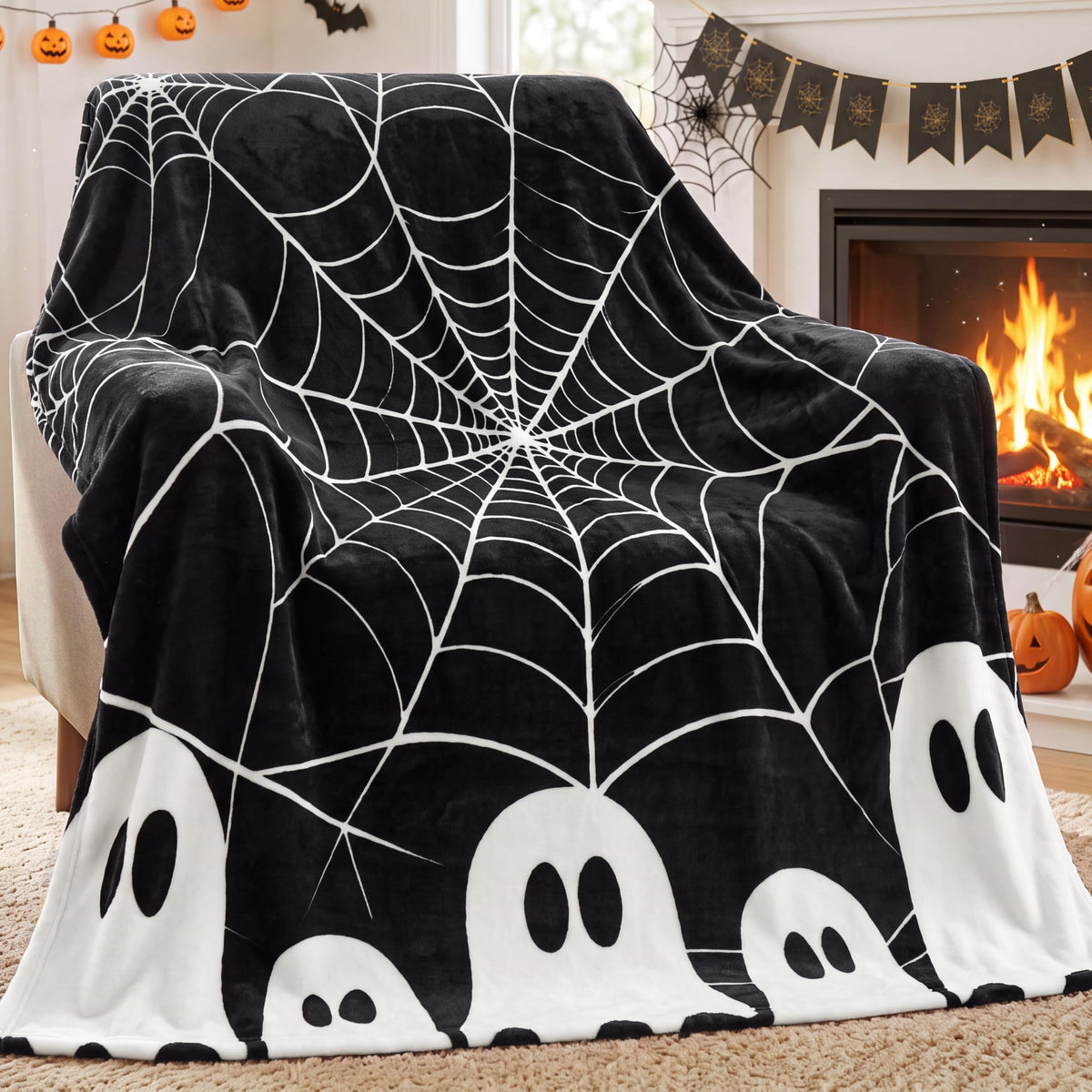 Joiedomi Halloween Throw Blanket - Soft Plush Spider Webs Bat Pumpkin Blanket - Cozy Flannel White Halloween Decoration for Party Sofa Bed Living Room 50"x60"