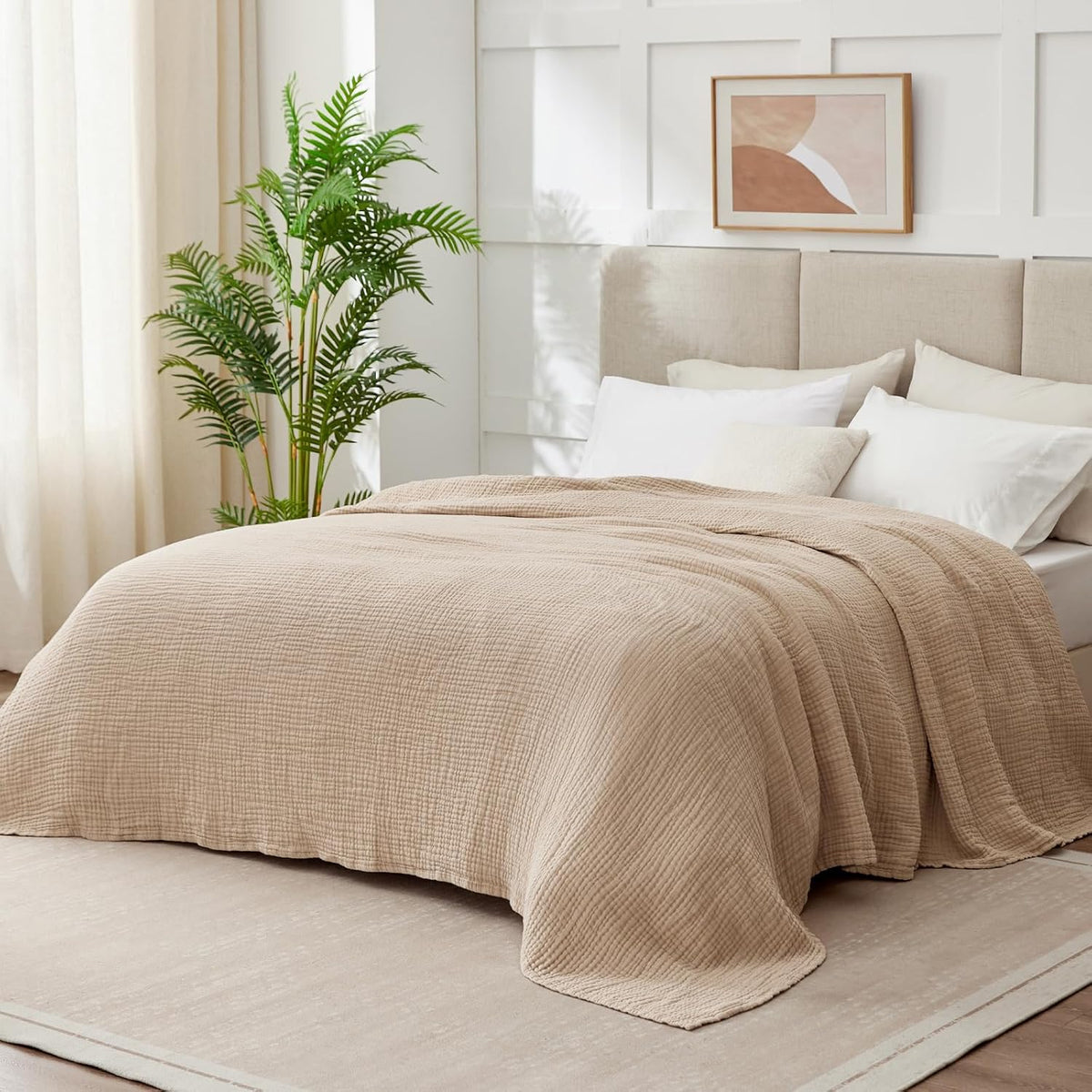 100% Cotton Muslin Blanket for Adults, 6-Layer Large Throw, Beige Linen