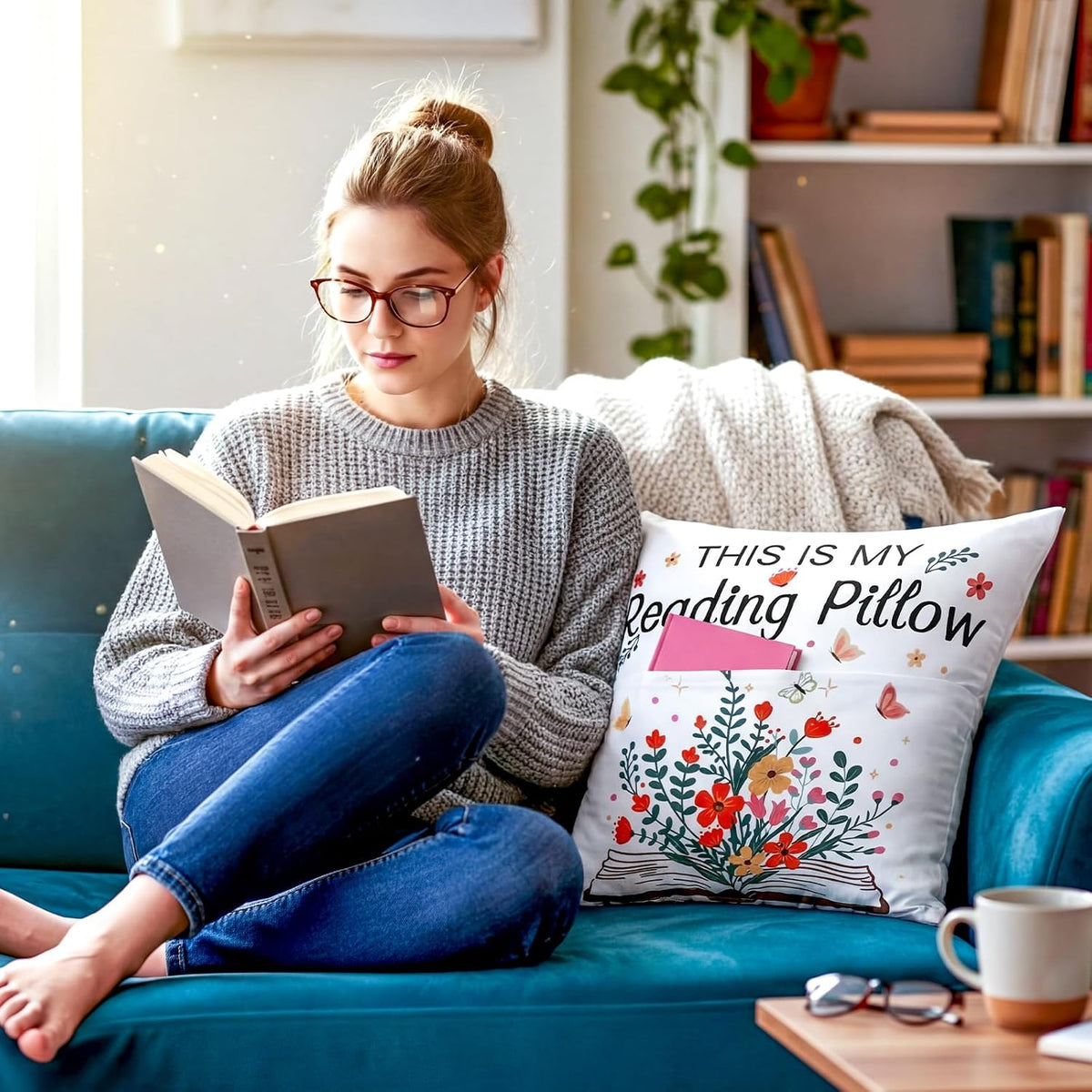 18 x 18 Inch This is My Reading Pillow with Flower