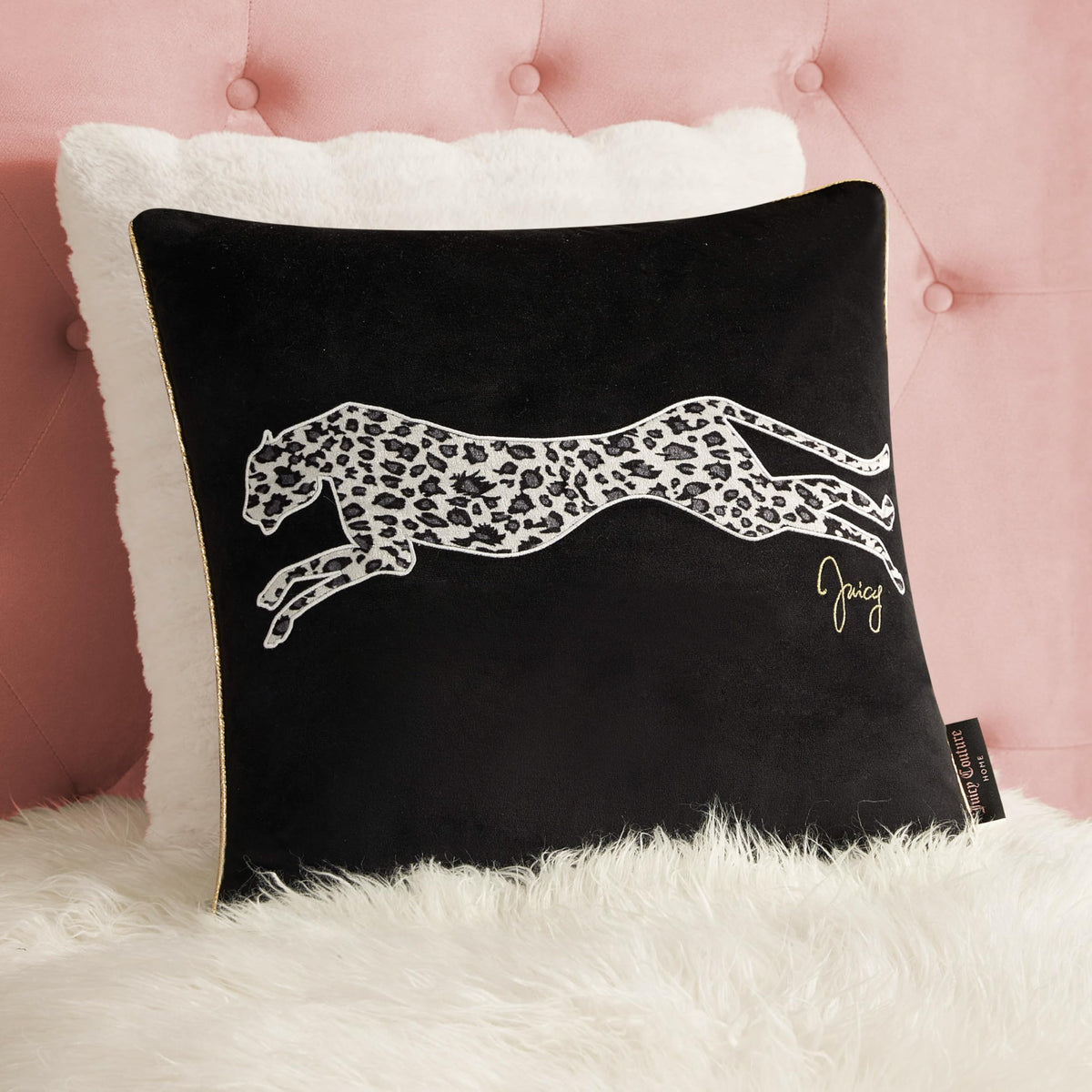 Juicy Couture Reversible Velvet Cheetah Pillow, 14" x 24" Decorative Pillow, Black