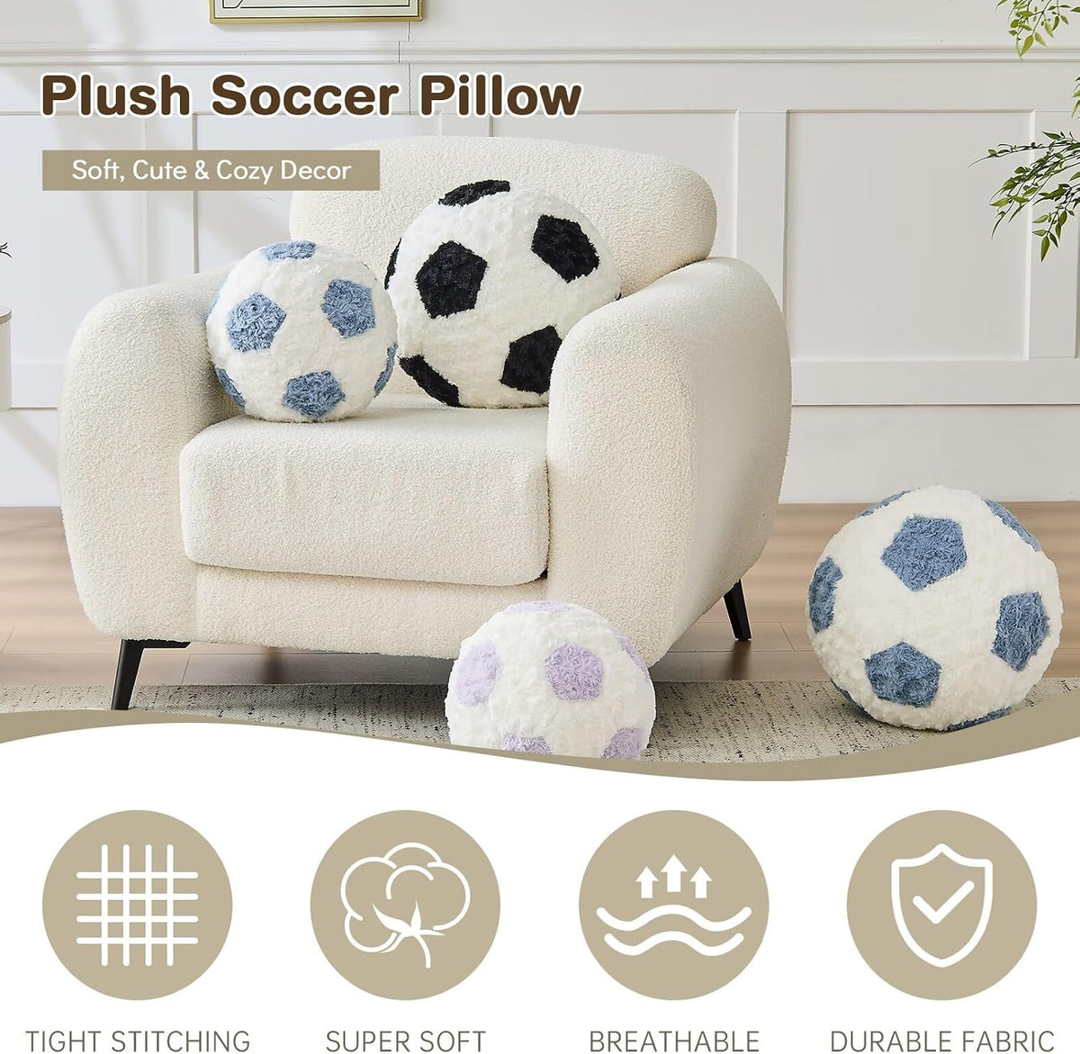 Soccer Throw Pillow Black Round Football Ball Pillow Soccer Plush Pillows Aesthetic Home Decor Soccer Ball Decorative Pillow Soft Soccer Ball for Bed Couth