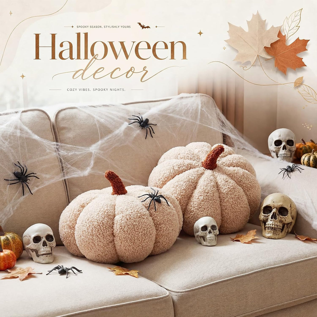 Queekay 2 Pcs Pumpkin Pillow Fall Decor Cushions, Beige, Large
