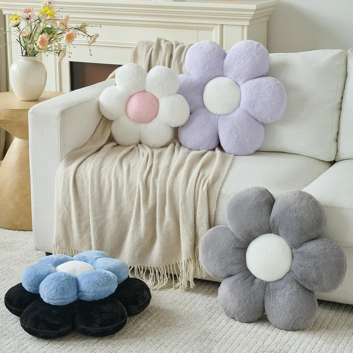 Flower Daisy Pillow, 14.9" Cute Decorative Throw for Couch Bed, White