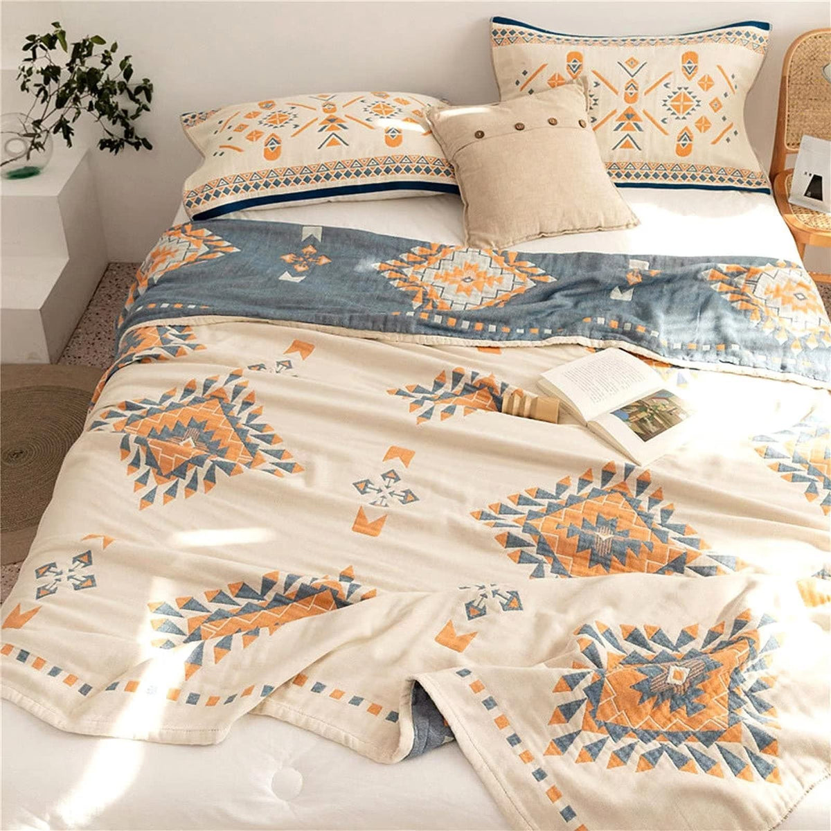 MSGKV Boho Throw Blanket 50"x60" Cotton Throw for Couch Sofa, Floral Quilt