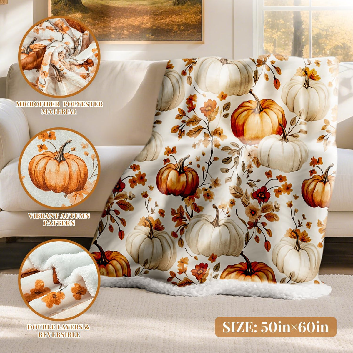 Lanpn Fall Pumpkin Flannel Throw Blanket, Soft Warm Flannel Sherpa Fleece Throws Orange Pumpkins Leaves Blanket for Couch Bed, Cozy Autumn Throw Blankets Farmhouse Thanksgiving Home Decor, 50"x60"